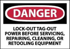 NMC - Accident Prevention Label, Header: DANGER - Legend: Danger - Lock Out, Tag-out Power Before Servicing, Repairing, Cleaning, or Retooling Equipment, English, Red, Black & White, 5" Long x 3" High, Sign Muscle Finish - All Tool & Supply