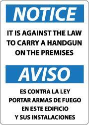 NMC - "Notice - It Is Against the Law to Carry a Handgun on the Premises", 20" Long x 14" Wide, Pressure-Sensitive Vinyl Safety Sign - Rectangle, 0.004" Thick, Use for Security & Admittance - All Tool & Supply