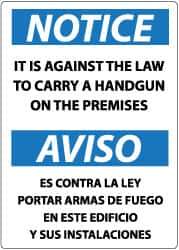 NMC - "Notice - It Is Against the Law to Carry a Handgun on the Premises", 20" Long x 14" Wide, Rigid Plastic Safety Sign - Rectangle, 0.05" Thick, Use for Security & Admittance - All Tool & Supply