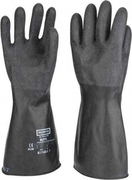 North - Size L (9), 14" Long, 17 mil Thick, Butyl Chemical Resistant Gloves - Textured Finish, Rolled Cuff, Black - All Tool & Supply