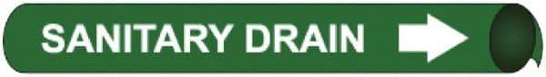 NMC - Pipe Marker with Sanitary Drain Legend and Arrow Graphic - 10 to 10" Pipe Outside Diam, White on Green - All Tool & Supply