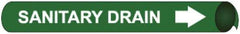 NMC - Pipe Marker with Sanitary Drain Legend and Arrow Graphic - 8 to 10" Pipe Outside Diam, White on Green - All Tool & Supply