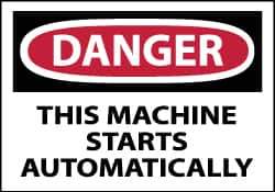 NMC - Accident Prevention Label, Header: DANGER - Legend: Danger - This Machine Starts Automatically, English, Red, Black & White, 5" Long x 3" High, Sign Muscle Finish - All Tool & Supply