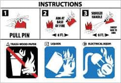 NMC - "Instructions - 1. Pull Pin - 2. Aim at Base of Fire - 3. Squeeze Handle - B. Liquids - C. Electrical Equip.", 3-3/4" Long x 5" Wide, Pressure-Sensitive Vinyl Safety Sign - Rectangle, 0.004" Thick, Use for Hazardous Materials - All Tool & Supply