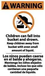 NMC - "Warning - Children Can Fall into Bucket and Drown. Keep Children Away from Small Bucket with Even Small Amount of Liquid", 5" Long x 3" Wide, Pressure-Sensitive Vinyl Safety Sign - Rectangle, 0.004" Thick, Use for Accident Prevention - All Tool & Supply