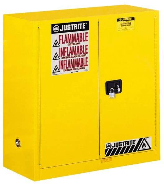 Justrite - 2 Door, 1 Shelf, Yellow Steel Standard Safety Cabinet for Flammable and Combustible Liquids - 44" High x 43" Wide x 18" Deep, Manual Closing Door, 3 Point Key Lock, 30 Gal Capacity - All Tool & Supply