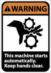 NMC - Accident Prevention Label, Header: WARNING - Legend: Warning - This Machine Starts Automatically - Keep Hands Clear, English, Black & Orange, 5" Long x 3" High, Sign Muscle Finish - All Tool & Supply