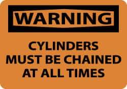 NMC - Accident Prevention Label, Header: WARNING - Legend: Warning - Cylinders Must Be Chained at All Times, English, Black & Orange, 5" Long x 3" High, Sign Muscle Finish - All Tool & Supply