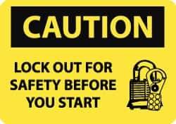 NMC - Accident Prevention Label, Header: CAUTION - Legend: Caution - Lock Out for Safety Before You Start, English, Black & Yellow, 5" Long x 3" High, Sign Muscle Finish - All Tool & Supply