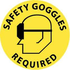 NMC - Safety Goggles Required, Anti-Skid Pressure-Sensitive Vinyl Floor Sign - Round, Black on Yellow, Adhesive Backed, For Accident Prevention - All Tool & Supply