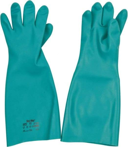 Ansell - Size 2XL (11), 18" Long, 22 mil Thick, Nitrile Chemical Resistant Gloves - Textured Finish, Straight Cuff, ANSI Abrasion Level 5, ANSI Cut Level 0, Green, FDA Approved - All Tool & Supply