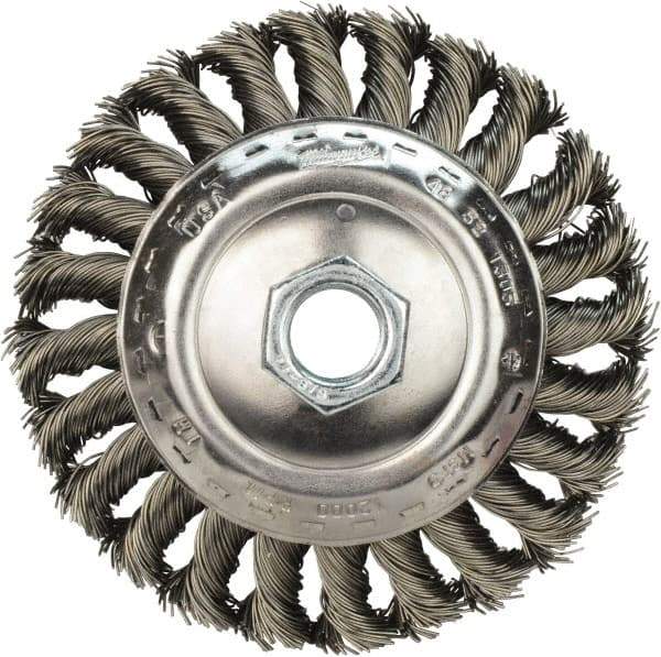 Milwaukee Tool - 4" OD, 5/8" Arbor Hole, Knotted Stainless Steel Wheel Brush - 3/8" Face Width, 3/4" Trim Length, 0.023" Filament Diam, 12,000 RPM - All Tool & Supply