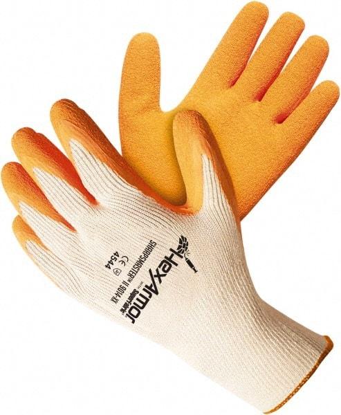 HexArmor - Size L (9), ANSI Cut Lvl A9, Puncture Lvl 5, Natural Rubber Latex Coated Cotton/SuperFabric Cut Resistant Gloves - 10.62" Long, Palm & Knuckles Coated, SuperFabric Lining, Knit Wrist, White/Orange, Paired - All Tool & Supply