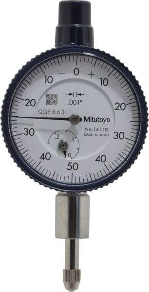 Mitutoyo - 1/4" Range, 0-50-0 Dial Reading, 0.001" Graduation Dial Drop Indicator - 1-5/8" Dial, 0.1" Range per Revolution, 0.001" Accuracy, Revolution Counter - All Tool & Supply