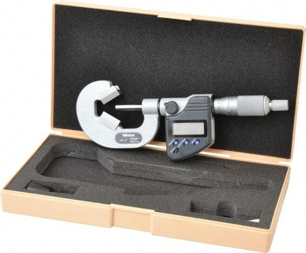 Mitutoyo - 0.4 to 1 Inch Measurement, Accuracy Up to 4 micro m, 3 Flutes Measured, Ratchet Stop Thimble, Electronic V Anvil Micrometer - 0.0001 Inch Resolution, Carbide, Data Output, SR44 Battery - All Tool & Supply