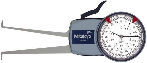 Mitutoyo - 1.2 to 2" Inside Dial Caliper Gage - 0.0005" Graduation, 0.0015" Accuracy, 3.3" Leg Length, 0.26" Deep x 0.06" Wide Groove, Ball Contact Points - All Tool & Supply