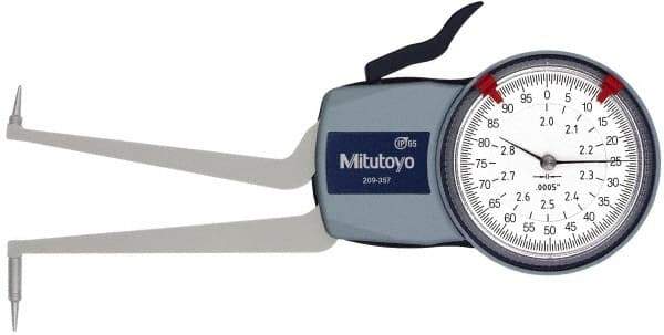 Mitutoyo - 2 to 2.8" Inside Dial Caliper Gage - 0.0005" Graduation, 0.0015" Accuracy, 3.3" Leg Length, 0.31" Deep x 0.06" Wide Groove, Ball Contact Points - All Tool & Supply