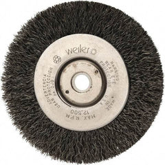 Weiler - 4" OD, 1/2" Arbor Hole, Crimped Steel Wheel Brush - 1/2" Face Width, 7/8" Trim Length, 0.008" Filament Diam, 12,500 RPM - All Tool & Supply