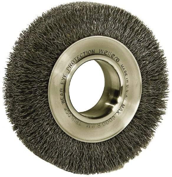 Weiler - 6" OD, 2" Arbor Hole, Crimped Steel Wheel Brush - 1-1/4" Face Width, 1-1/8" Trim Length, 0.006" Filament Diam, 6,000 RPM - All Tool & Supply