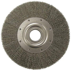 Weiler - 6" OD, 2" Arbor Hole, Crimped Stainless Steel Wheel Brush - 1-1/4" Face Width, 1-1/8" Trim Length, 0.006" Filament Diam, 6,000 RPM - All Tool & Supply