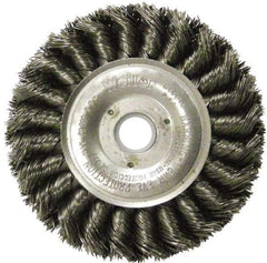 Weiler - 4" OD, 5/8" Arbor Hole, Knotted Steel Wheel Brush - 1/2" Face Width, 7/8" Trim Length, 0.014" Filament Diam, 20,000 RPM - All Tool & Supply