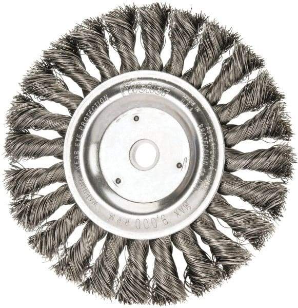 Weiler - 6" OD, 5/8" Arbor Hole, Knotted Steel Wheel Brush - 1/2" Face Width, 1-3/8" Trim Length, 0.016" Filament Diam, 9,000 RPM - All Tool & Supply