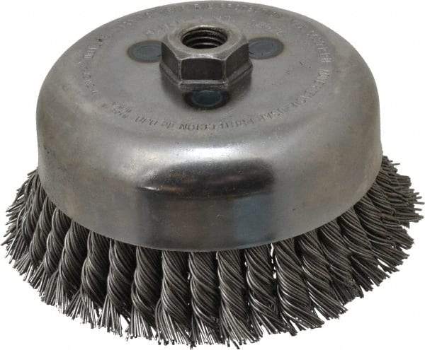 Weiler - 6" Diam, 5/8-11 Threaded Arbor, Steel Fill Cup Brush - 0.035 Wire Diam, 1-3/8" Trim Length, 6,600 Max RPM - All Tool & Supply