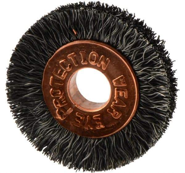 Weiler - 1" OD, 1/4" Arbor Hole, Crimped Steel Wheel Brush - 3/16" Face Width, 1/4" Trim Length, 0.006" Filament Diam, 20,000 RPM - All Tool & Supply