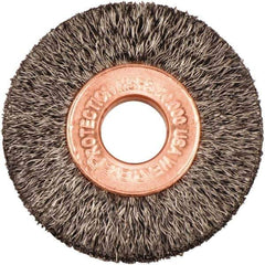 Weiler - 1-1/2" OD, 3/8" Arbor Hole, Crimped Steel Wheel Brush - 1/4" Face Width, 7/16" Trim Length, 0.006" Filament Diam, 20,000 RPM - All Tool & Supply