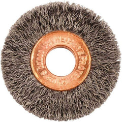 Weiler - 1-1/2" OD, 3/8" Arbor Hole, Crimped Steel Wheel Brush - 1/4" Face Width, 7/16" Trim Length, 0.008" Filament Diam, 20,000 RPM - All Tool & Supply