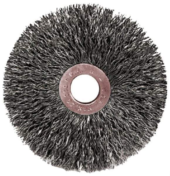 Weiler - 2" OD, 1/2" Arbor Hole, Crimped Steel Wheel Brush - 3/8" Face Width, 1/2" Trim Length, 0.0104" Filament Diam, 20,000 RPM - All Tool & Supply