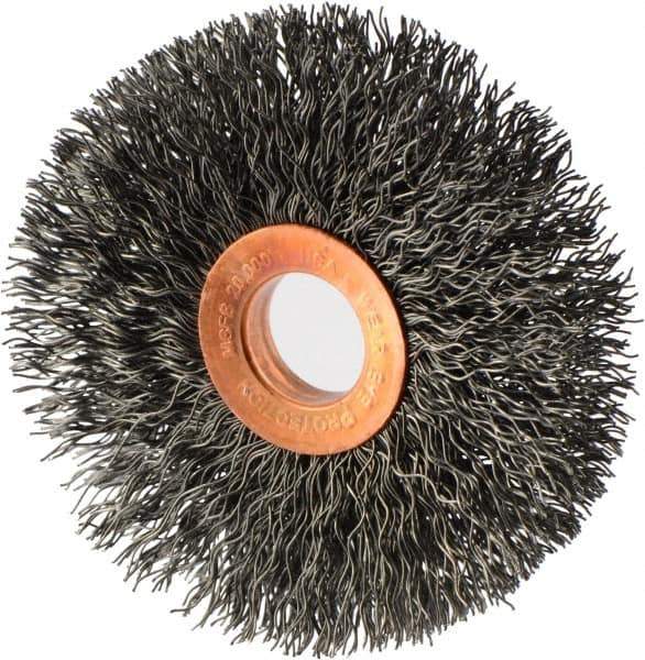 Weiler - 3" OD, 5/8" Arbor Hole, Crimped Steel Wheel Brush - 5/8" Face Width, 15/16" Trim Length, 0.014" Filament Diam, 20,000 RPM - All Tool & Supply