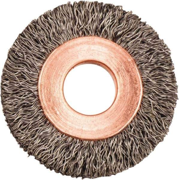 Weiler - 1-1/4" OD, 3/8" Arbor Hole, Crimped Steel Wheel Brush - 1/4" Face Width, 5/16" Trim Length, 0.008" Filament Diam, 20,000 RPM - All Tool & Supply