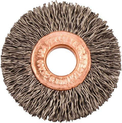 Weiler - 1-1/2" OD, 3/8" Arbor Hole, Crimped Steel Wheel Brush - 1/4" Face Width, 7/16" Trim Length, 0.014" Filament Diam, 20,000 RPM - All Tool & Supply