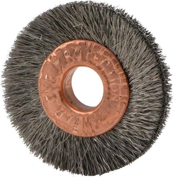 Weiler - 1" OD, 1/4" Arbor Hole, Crimped Stainless Steel Wheel Brush - 3/16" Face Width, 1/4" Trim Length, 0.003" Filament Diam, 20,000 RPM - All Tool & Supply