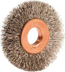 Weiler - 1-1/2" OD, 3/8" Arbor Hole, Crimped Stainless Steel Wheel Brush - 1/4" Face Width, 7/16" Trim Length, 0.008" Filament Diam, 20,000 RPM - All Tool & Supply