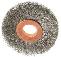 Weiler - 2" OD, 1/2" Arbor Hole, Crimped Stainless Steel Wheel Brush - 3/8" Face Width, 1/2" Trim Length, 0.008" Filament Diam, 20,000 RPM - All Tool & Supply