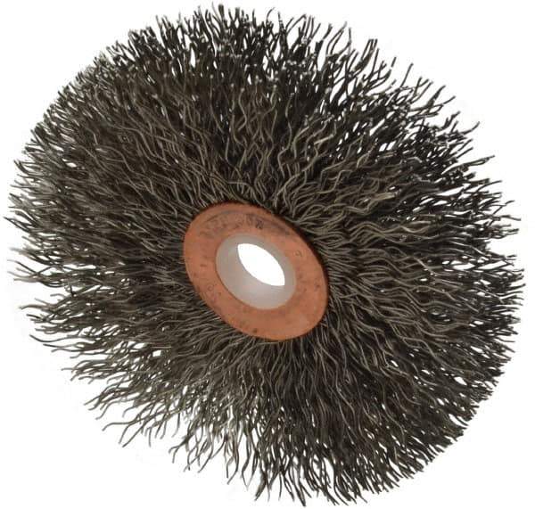 Weiler - 3" OD, 1/2" Arbor Hole, Crimped Stainless Steel Wheel Brush - 5/8" Face Width, 1" Trim Length, 0.014" Filament Diam, 20,000 RPM - All Tool & Supply