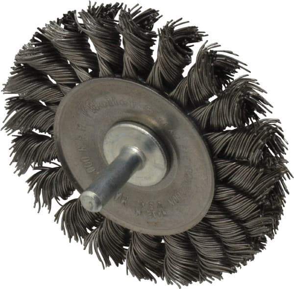 Weiler - 3-1/4" OD, 1/4" Shank Diam, Knotted Steel Wheel Brush - 3/8" Face Width, 5/8" Trim Length, 0.02" Filament Diam, 25,000 RPM - All Tool & Supply