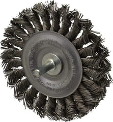 Weiler - 4" OD, 1/4" Shank Diam, Knotted Steel Wheel Brush - 1/2" Face Width, 7/8" Trim Length, 0.02" Filament Diam, 20,000 RPM - All Tool & Supply