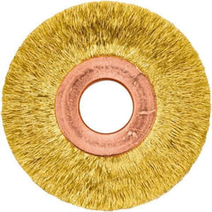 Weiler - 2" OD, 1/2" Arbor Hole, Crimped Brass Wheel Brush - 3/8" Face Width, 1/2" Trim Length, 0.005" Filament Diam, 20,000 RPM - All Tool & Supply