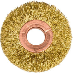 Weiler - 2" OD, 1/2" Arbor Hole, Crimped Brass Wheel Brush - 3/8" Face Width, 1/2" Trim Length, 0.0118" Filament Diam, 20,000 RPM - All Tool & Supply