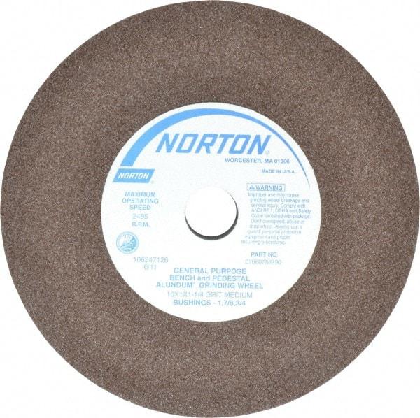 Norton - 60/80 Grit Aluminum Oxide Bench & Pedestal Grinding Wheel - 10" Diam x 1-1/4" Hole x 1" Thick, 2485 Max RPM, Medium Grade - All Tool & Supply