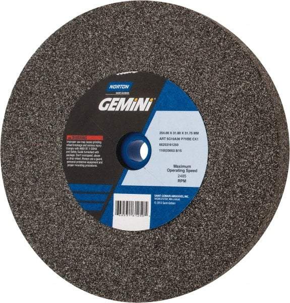 Norton - 36/46 Grit Aluminum Oxide Bench & Pedestal Grinding Wheel - 10" Diam x 1-1/4" Hole x 1-1/4" Thick, 2485 Max RPM, Very Coarse/Coarse Grade - All Tool & Supply