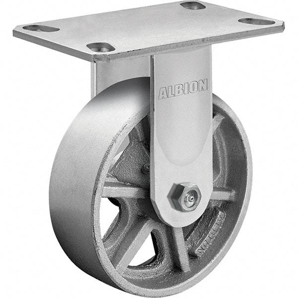 Albion - 8" Diam x 2" Wide x 10-1/8" OAH Top Plate Mount Rigid Caster - Cast Iron, 1,400 Lb Capacity, Roller Bearing, 4-1/2 x 6-1/4" Plate - All Tool & Supply