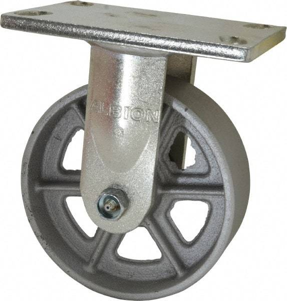 Albion - 6" Diam x 2" Wide x 7-1/2" OAH Top Plate Mount Rigid Caster - Cast Iron, 1,200 Lb Capacity, Roller Bearing, 5 x 6-1/4" Plate - All Tool & Supply