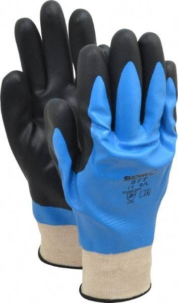 SHOWA - Size L (8) Nitrile Coated Nylon General Protection Work Gloves - For General Purpose, Fully Coated, Knit Wrist Cuff, Full Fingered, Blue/Black, Paired - All Tool & Supply