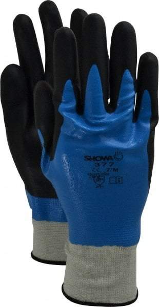 SHOWA - Size M (7) Nitrile Coated Nylon General Protection Work Gloves - For General Purpose, Fully Coated, Knit Wrist Cuff, Full Fingered, Blue/Black, Paired - All Tool & Supply