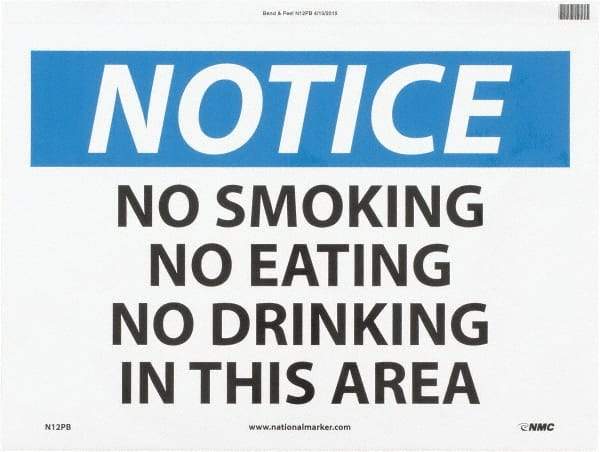 NMC - "Notice - No Smoking - No Eating - No Drinking in This Area", 10" Long x 14" Wide, Pressure-Sensitive Vinyl Safety Sign - Rectangle, 0.004" Thick, Use for Accident Prevention - All Tool & Supply