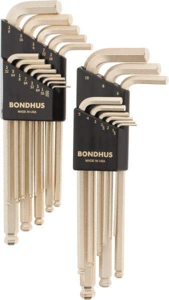 Bondhus - 22 Piece L-Key Ball End Hex Key Set - Hex Range 0.05 to 3/8", Steel - All Tool & Supply